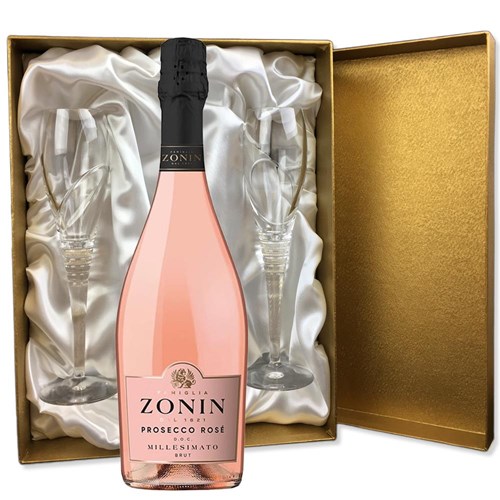 Zonin Prosecco Rose Doc Millesimato 75cl in Gold Luxury Presentation Set With Flutes